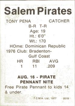 1977 TCMA Salem Pirates #0519 Tony Pena Back