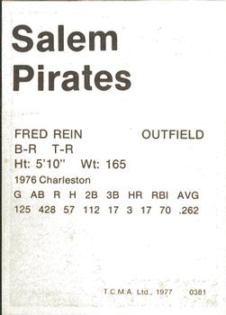 1977 TCMA Salem Pirates #0381 Fred Rein Back