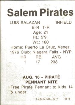 1977 TCMA Salem Pirates #0516 Luis Salazar Back