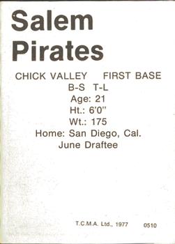 1977 TCMA Salem Pirates #0510 Chick Valley Back