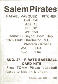 1977 TCMA Salem Pirates #0517 Rafael Vasquez Back
