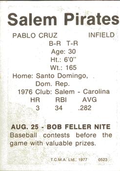 1977 TCMA Salem Pirates #0523 Pablo Cruz Back