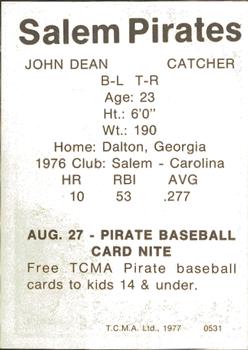 1977 TCMA Salem Pirates #0531 John Dean Back