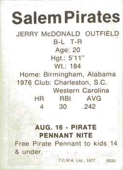 1977 TCMA Salem Pirates #0533 Jerry McDonald Back