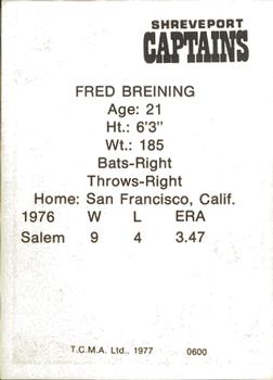 1977 TCMA Shreveport Captains #0600 Fred Breining Back