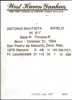 1977 TCMA West Haven Yankees #0673 Antonio Bautista Back