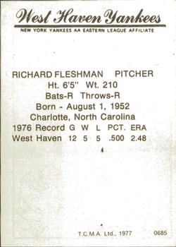 1977 TCMA West Haven Yankees #0685 Richard Fleshman Back