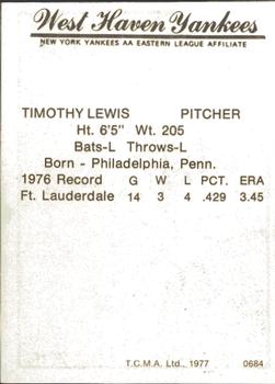 1977 TCMA West Haven Yankees #0684 Timothy Lewis Back