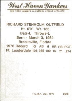 1977 TCMA West Haven Yankees #0678 Richard Stenholm Back