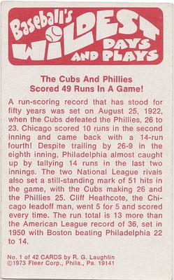 1974 Fleer Official Major League Patches - Baseball's Wildest Days and Plays #1 49 Runs Scored in a Game Back