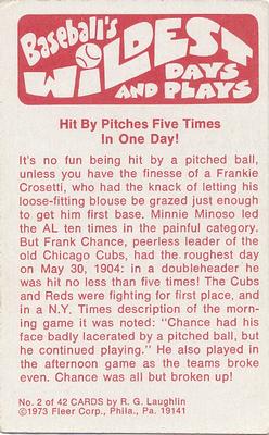 1974 Fleer Official Major League Patches - Baseball's Wildest Days and Plays #2 Five HBP's in One Day - Frank Chance Back
