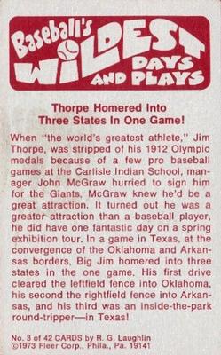 1974 Fleer Official Major League Patches - Baseball's Wildest Days and Plays #3 Homered into 3 States - Jim Thorpe Back
