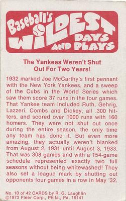 1974 Fleer Official Major League Patches - Baseball's Wildest Days and Plays #10 Yankees Not Shut Out For Two Years Back