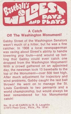 1974 Fleer Official Major League Patches - Baseball's Wildest Days and Plays #16 Washington Monument - Gabby Street Back