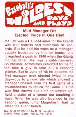 1974 Fleer Official Major League Patches - Baseball's Wildest Days and Plays #17 Ejected Twice in a Day - Mel Ott Back