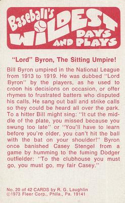 1974 Fleer Official Major League Patches - Baseball's Wildest Days and Plays #20 Singing Umpire - Bill Byron Back