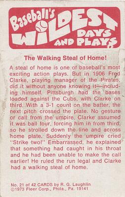 1974 Fleer Official Major League Patches - Baseball's Wildest Days and Plays #21 Walking Steal of Home - Fred Clarke Back