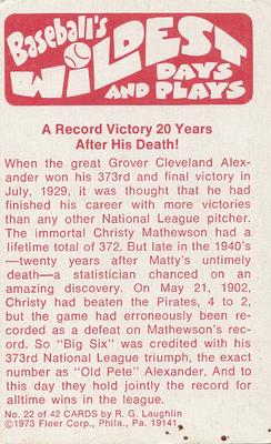 1974 Fleer Official Major League Patches - Wildest Days and Plays #22 373rd Win Discovered - Christy Mathewson Back