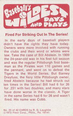 1974 Fleer Official Major League Patches - Baseball's Wildest Days and Plays #25 Fired for Striking Out in Series - Bill Abstein Back