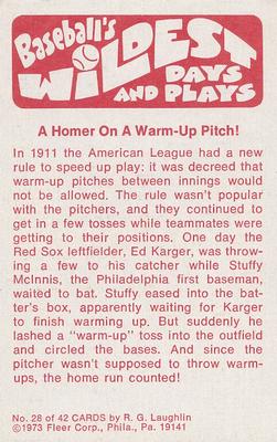 1974 Fleer Official Major League Patches - Baseball's Wildest Days and Plays #28 Homer on Warm-Up Pitch Back