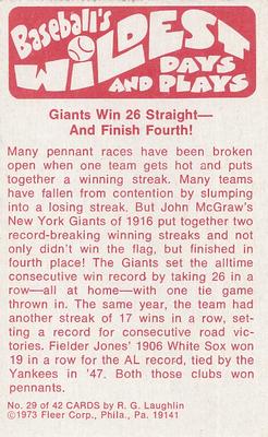 1974 Fleer Official Major League Patches - Baseball's Wildest Days and Plays #29 Giants Win 26 Straight But Finish Fourth Back