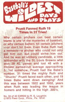 1974 Fleer Official Major League Patches - Baseball's Wildest Days and Plays #34 Fanned Babe Ruth 19 of 31 Tries - Hub Pruett Back