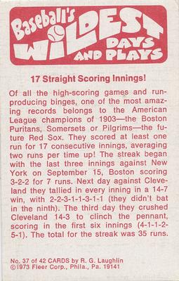 1974 Fleer Official Major League Patches - Baseball's Wildest Days and Plays #37 17 Straight Scoring Innings Back