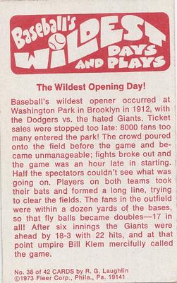 1974 Fleer Official Major League Patches - Baseball's Wildest Days and Plays #38 Wildest Opening Day Back