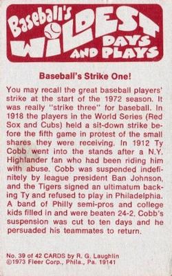 1974 Fleer Official Major League Patches - Baseball's Wildest Days and Plays #39 Baseball's Strike One - Ty Cobb Back