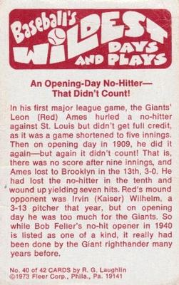 1974 Fleer Official Major League Patches - Baseball's Wildest Days and Plays #40 Opening Day No Hitter That Didn't Count - Red Ames Back