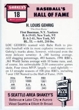 1976 Shakey's Pizza #18 Lou Gehrig Back