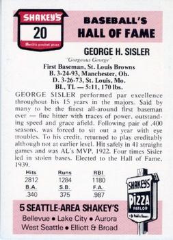 1976 Shakey's Pizza #20 George Sisler Back