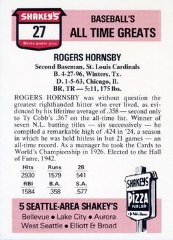 1976 Shakey's Pizza #27 Rogers Hornsby Back