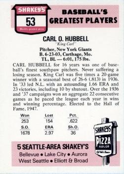 1976 Shakey's Pizza #53 Carl Hubbell Back