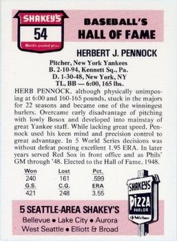 1976 Shakey's Pizza #54 Herb Pennock Back