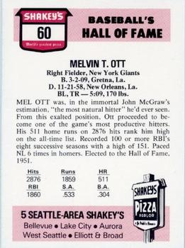 1976 Shakey's Pizza #60 Mel Ott Back