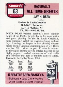 1976 Shakey's Pizza #63 Dizzy Dean Back