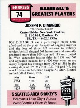 1976 Shakey's Pizza #74 Joe DiMaggio Back