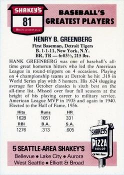 1976 Shakey's Pizza #81 Hank Greenberg Back