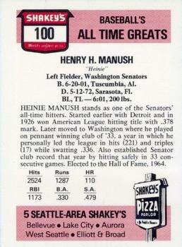 1976 Shakey's Pizza #100 Heinie Manush Back