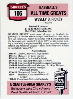 1976 Shakey's Pizza #106 Branch Rickey Back