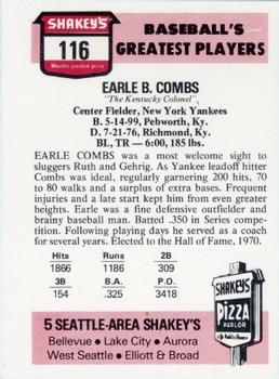 1976 Shakey's Pizza #116 Earle Combs Back
