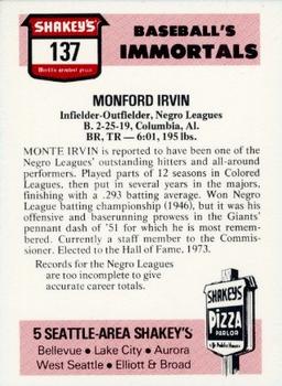 1976 Shakey's Pizza #137 Monte Irvin Back