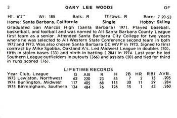 1976 Cramer Tucson Toros #NNO Gary Woods Back