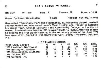 1976 Cramer Tucson Toros #NNO Craig Mitchell Back