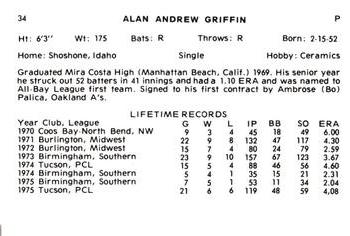 1976 Cramer Tucson Toros #NNO Alan Griffin Back