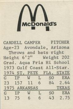 1976 TCMA Arkansas Travelers #NNO Cardell Camper Back