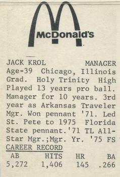 1976 TCMA Arkansas Travelers #NNO Jack Krol Back