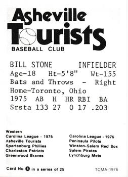 1976 TCMA Asheville Tourists #6 Bill Stone Back