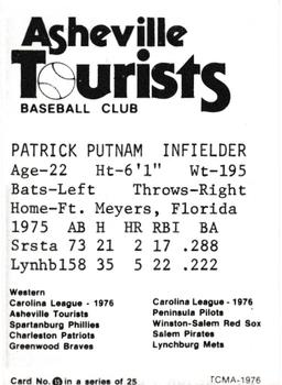 1976 TCMA Asheville Tourists #15 Patrick Putnam Back